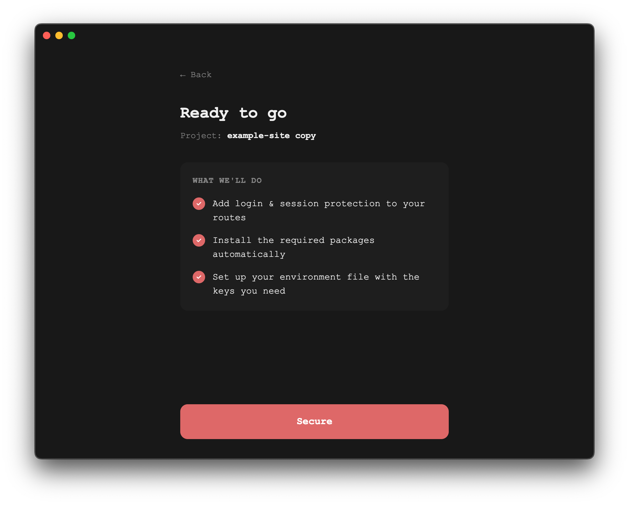 K01 setup — ready to secure your project